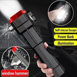 High-Power LED Torch Light – Rechargeable Flashlight with Tactical Hammer & Power Bank