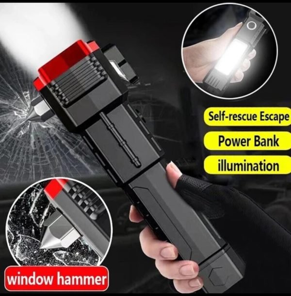 High-Power LED Torch Light – Rechargeable Flashlight with Tactical Hammer & Power Bank
