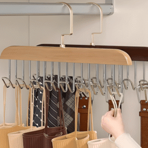 8 Hooks Wooden Clothes Hanger with 360° Rotating Tie & Belt Rack